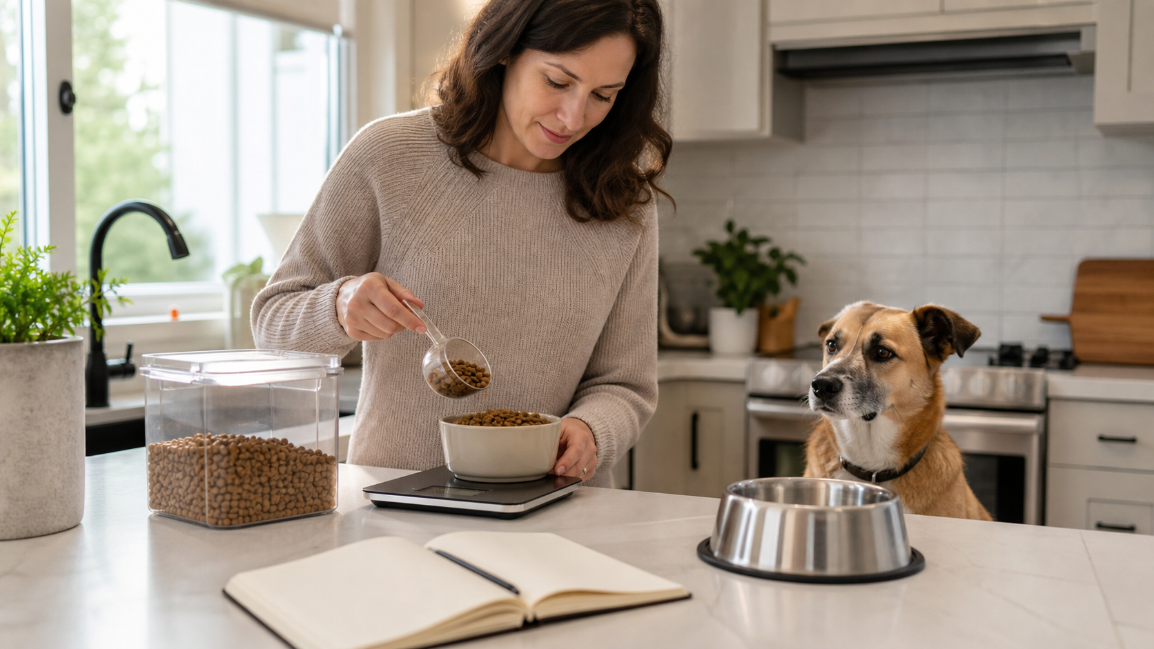 Halterin wiegt Hundefutter für eine diabetische Hundediät ab