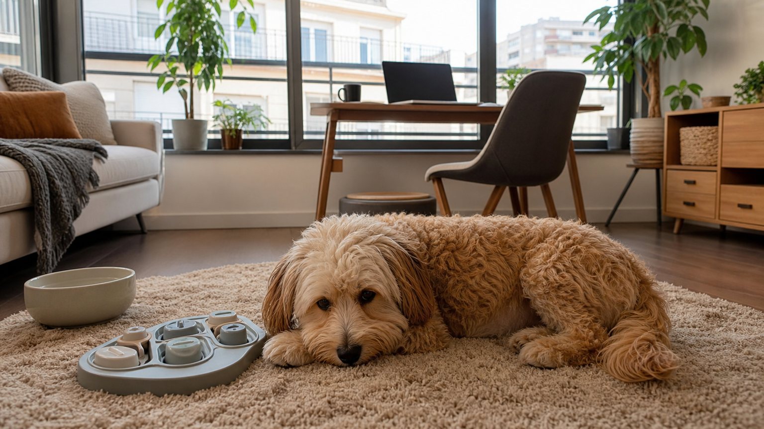 Petit chien calme dans un appartement avec jouet d’occupation