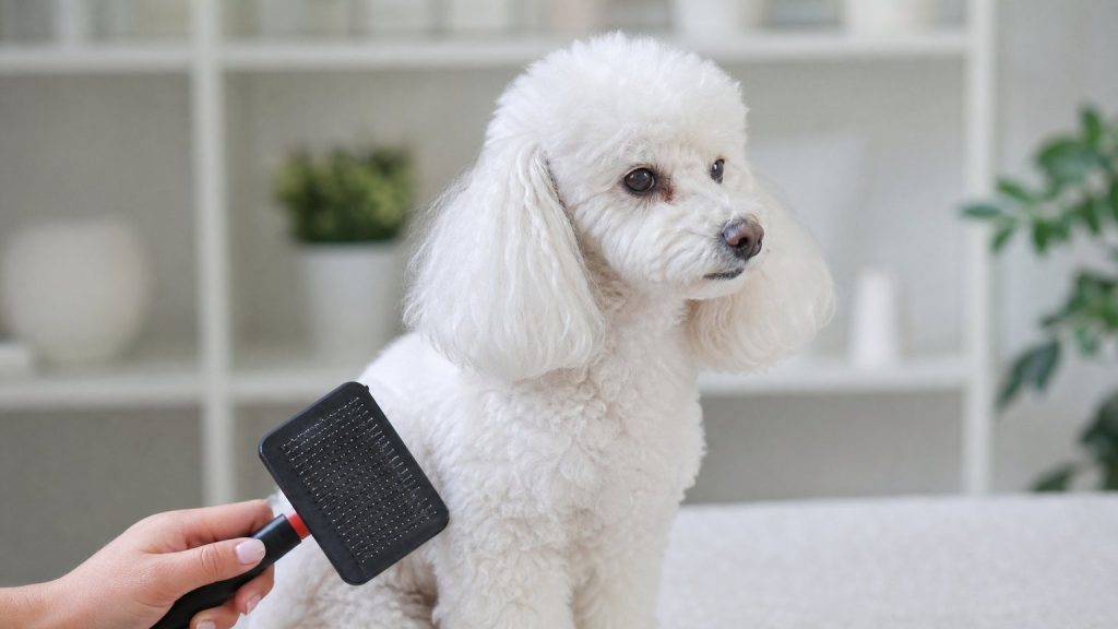 Brossage doux d’un caniche blanc toy pour limiter les nœuds du pelage