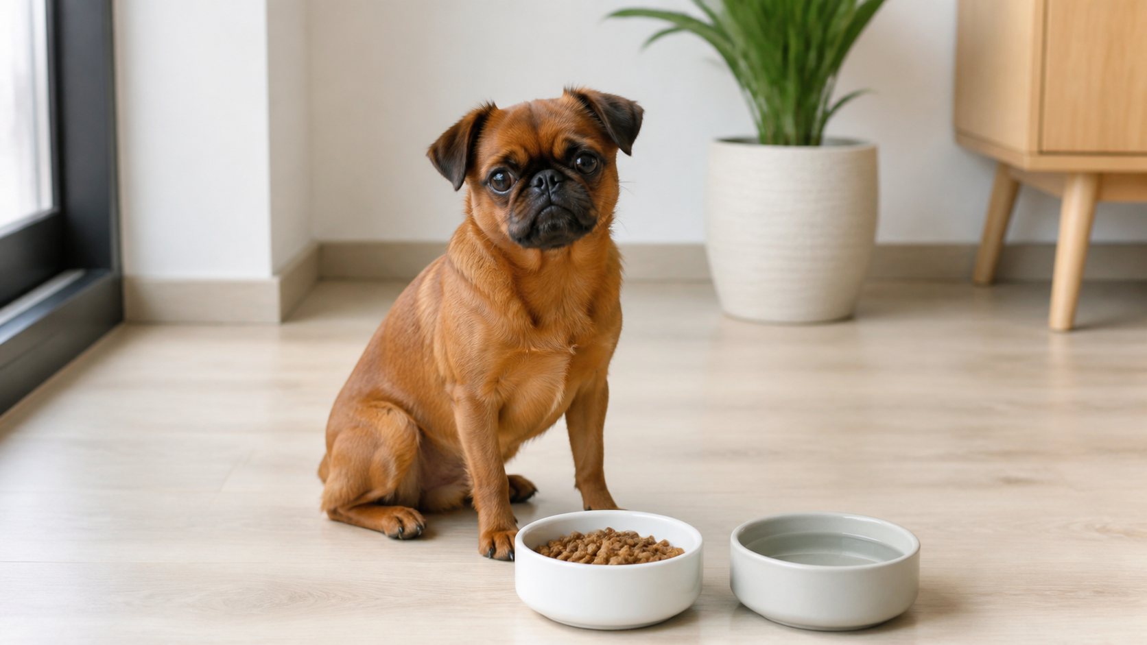Pequeño brabanzón en piso con alimentación medida