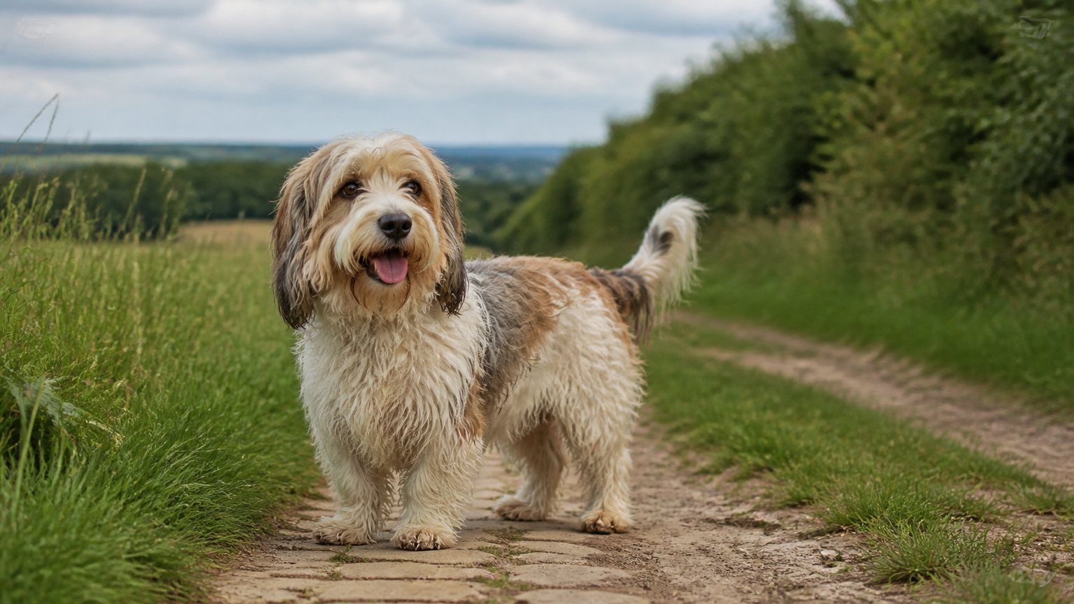 Basset Griffon Vendéen ähnlicher Hund auf einem Feldweg