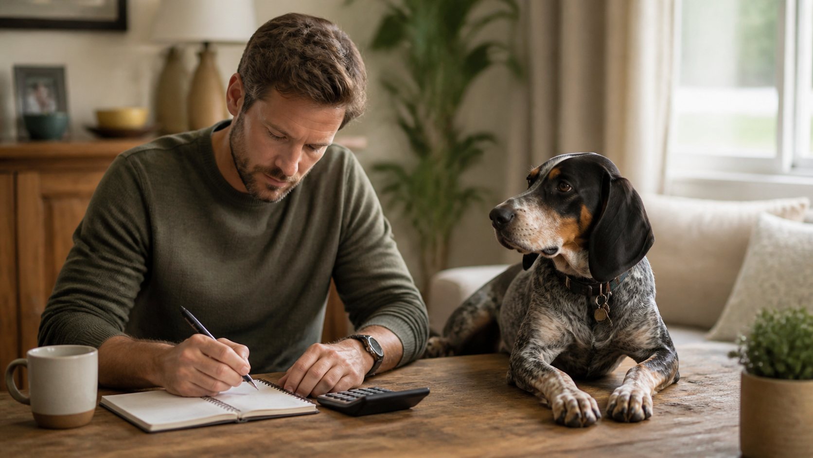 Maître préparant le budget d’adoption d’un Bluetick Coonhound