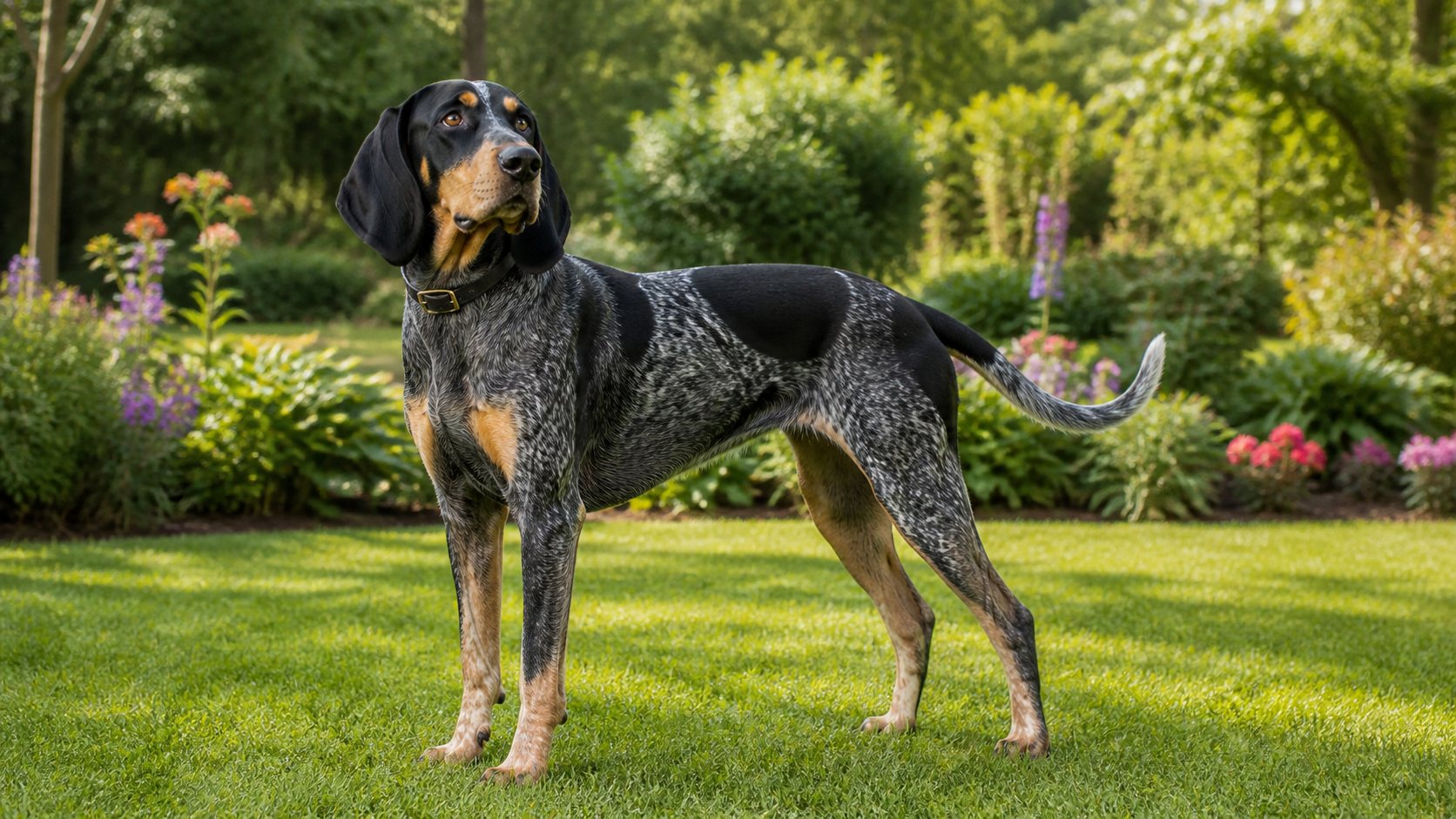 Bluetick Coonhound adulte dans un jardin