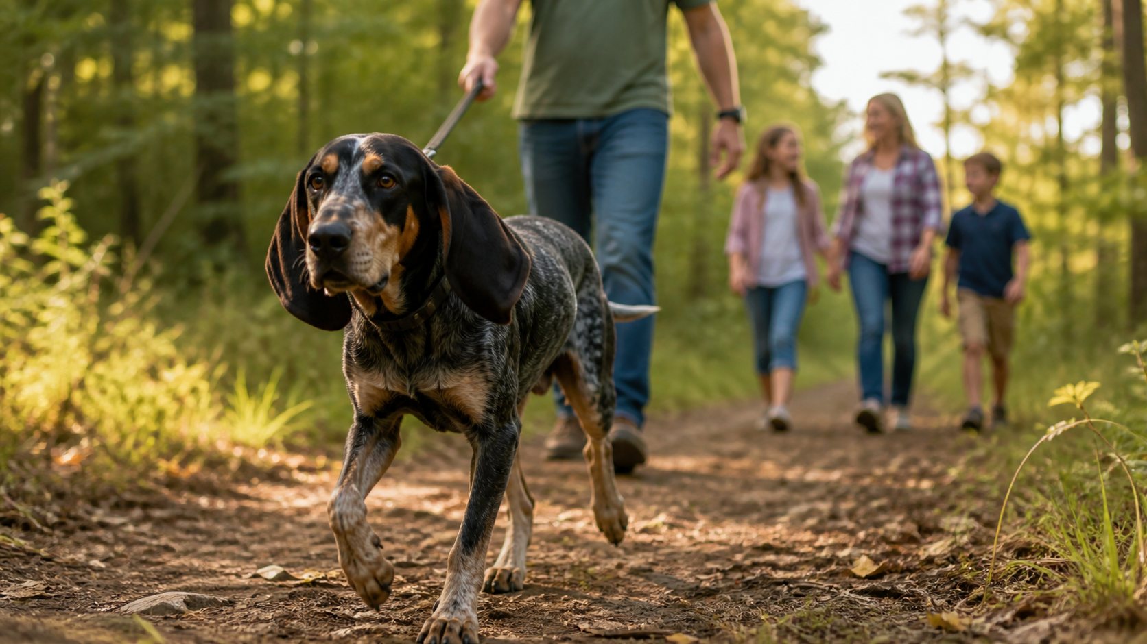 Bluetick Coonhound en promenade en lisière de forêt