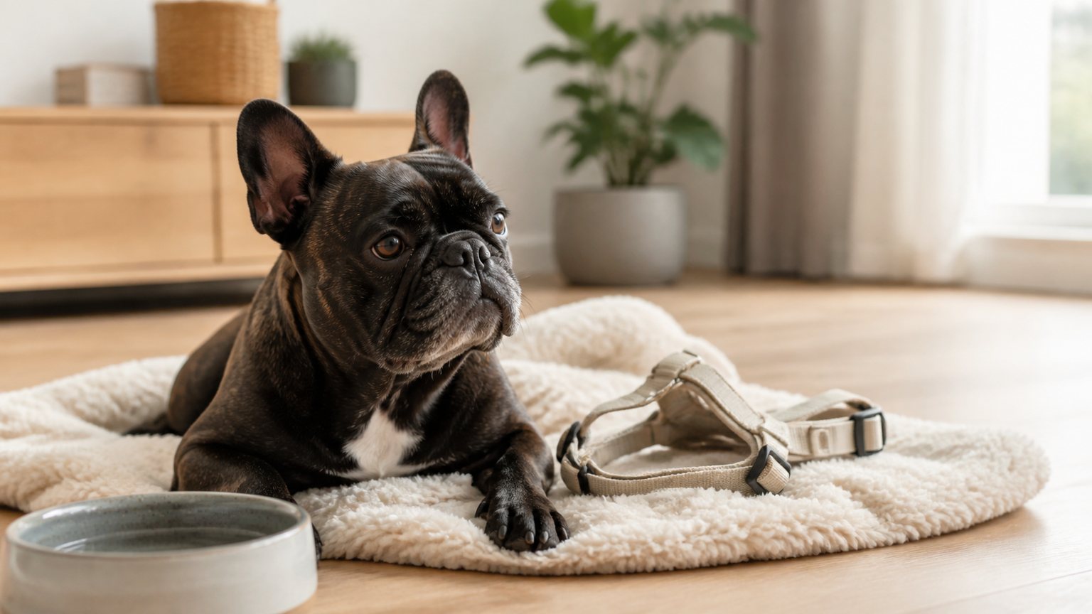 Französische Bulldogge entspannt in einer hellen Wohnung