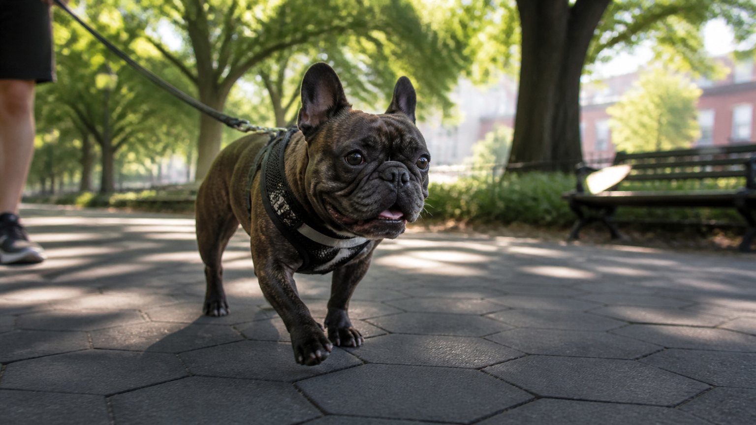 Französische Bulldogge beim ruhigen Spaziergang im Schatten