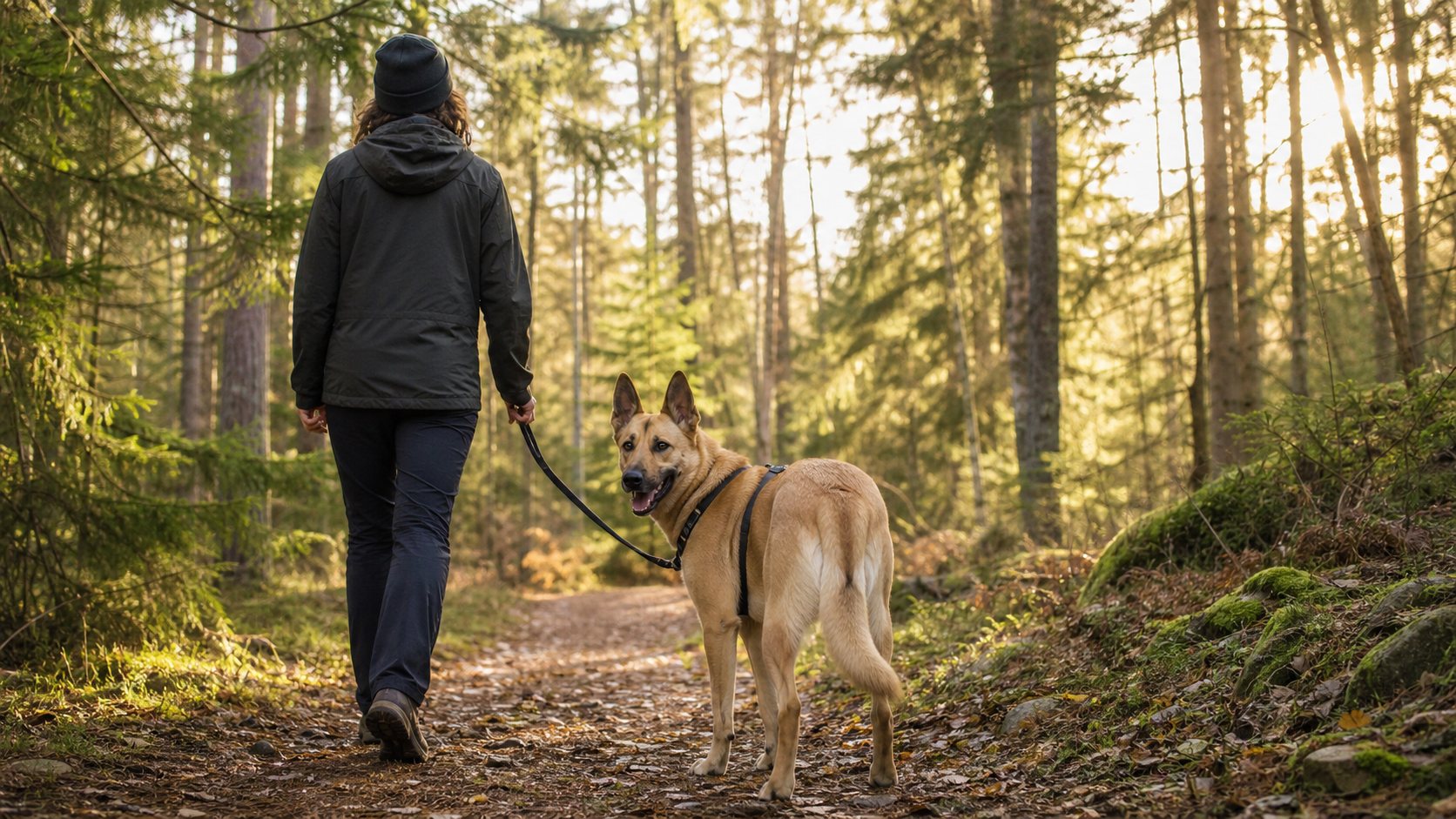 Chinook en promenade en forêt avec son maître