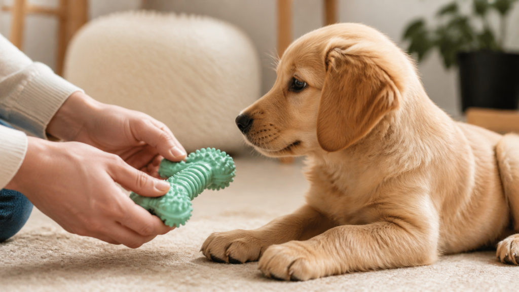 Exercice positif de redirection du mordillage chez un chiot