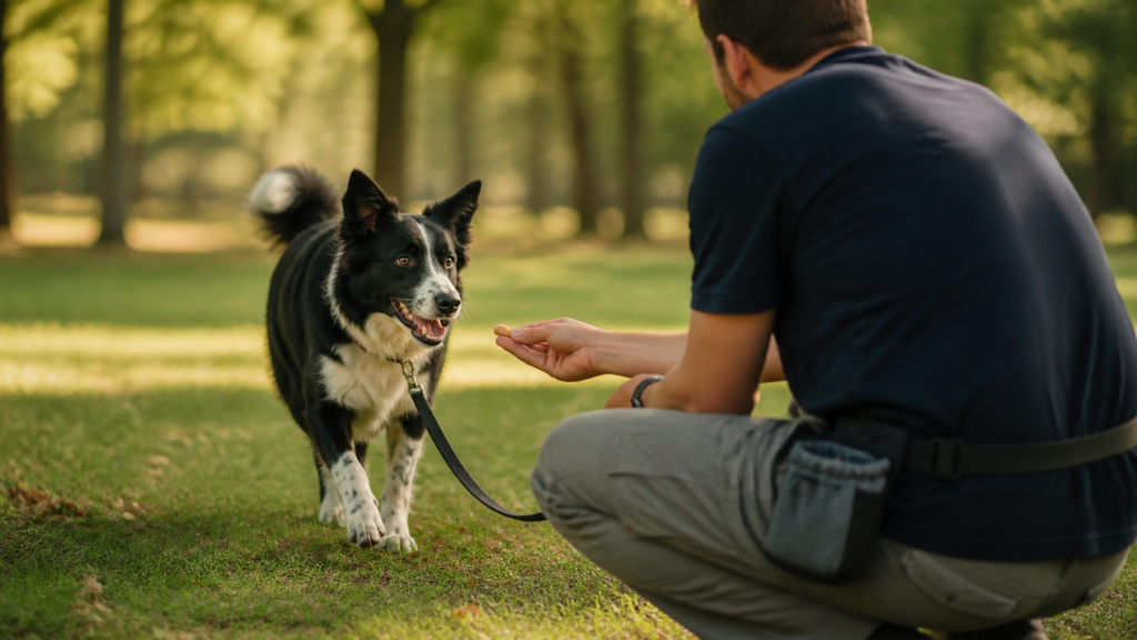 Chien travaillant un exercice de rappel avec récompense