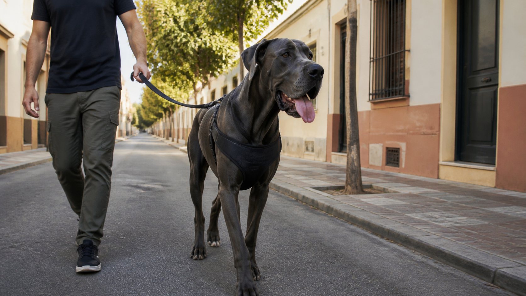 Gran danés con arnés durante un paseo tranquilo