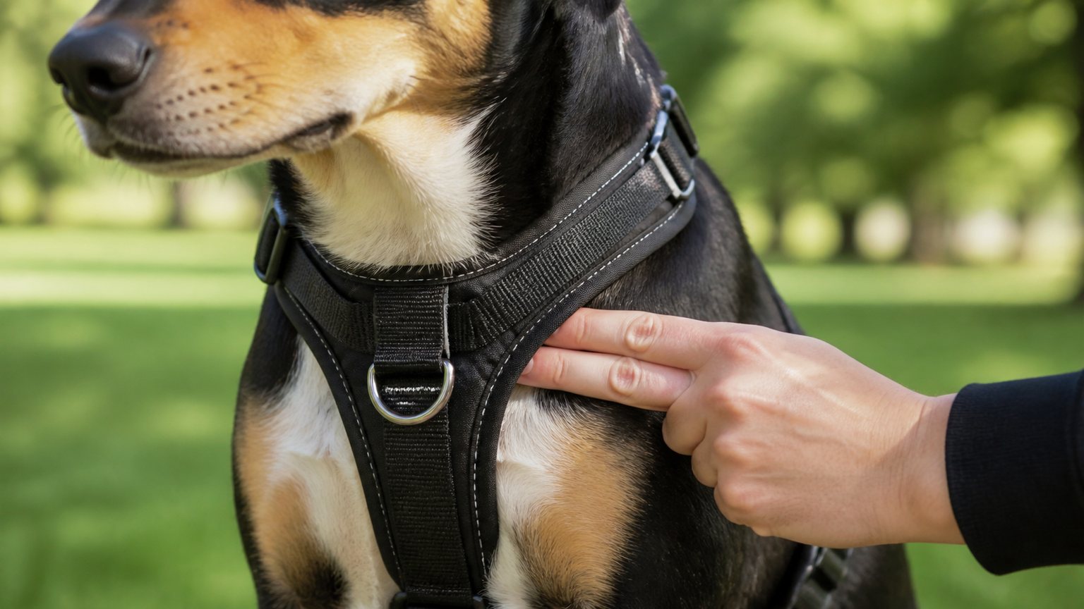 Harnais anti-traction correctement ajusté sur le poitrail d’un chien