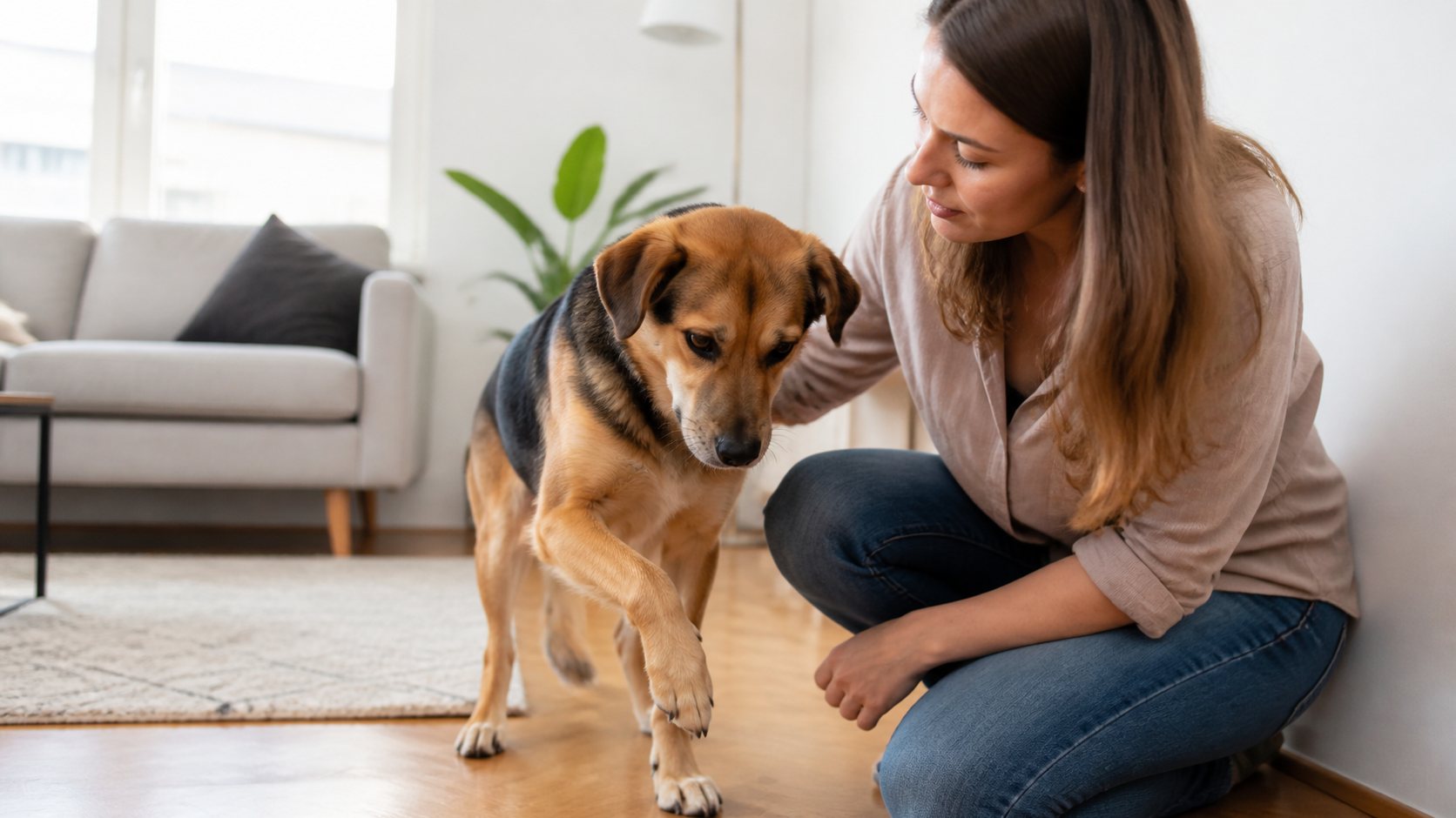 Hund belastet vorsichtig eine Vorderpfote zu Hause