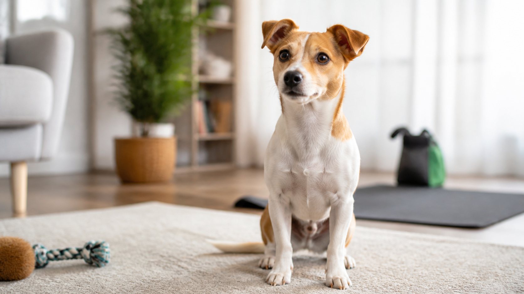 Jack Russell Chihuahua Mix in einem hellen Wohnzimmer