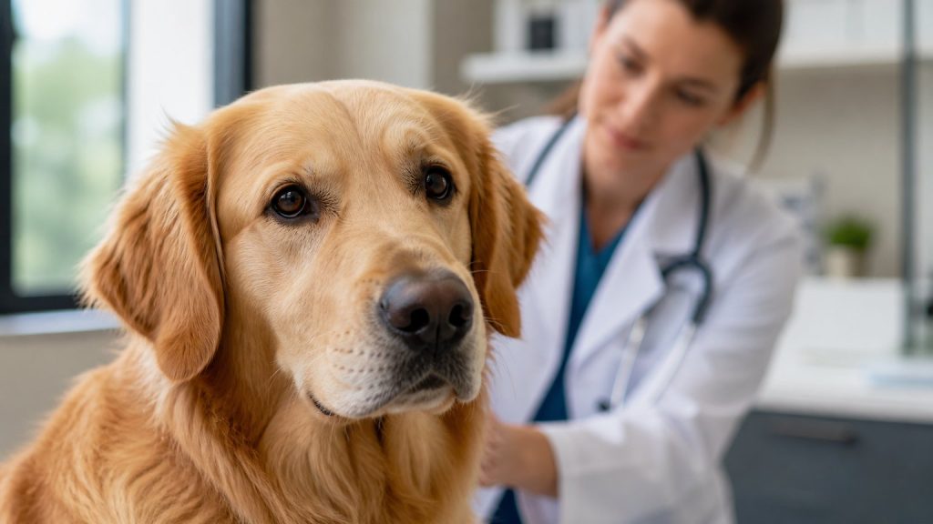 Chien chez le vétérinaire après une morsure de tique