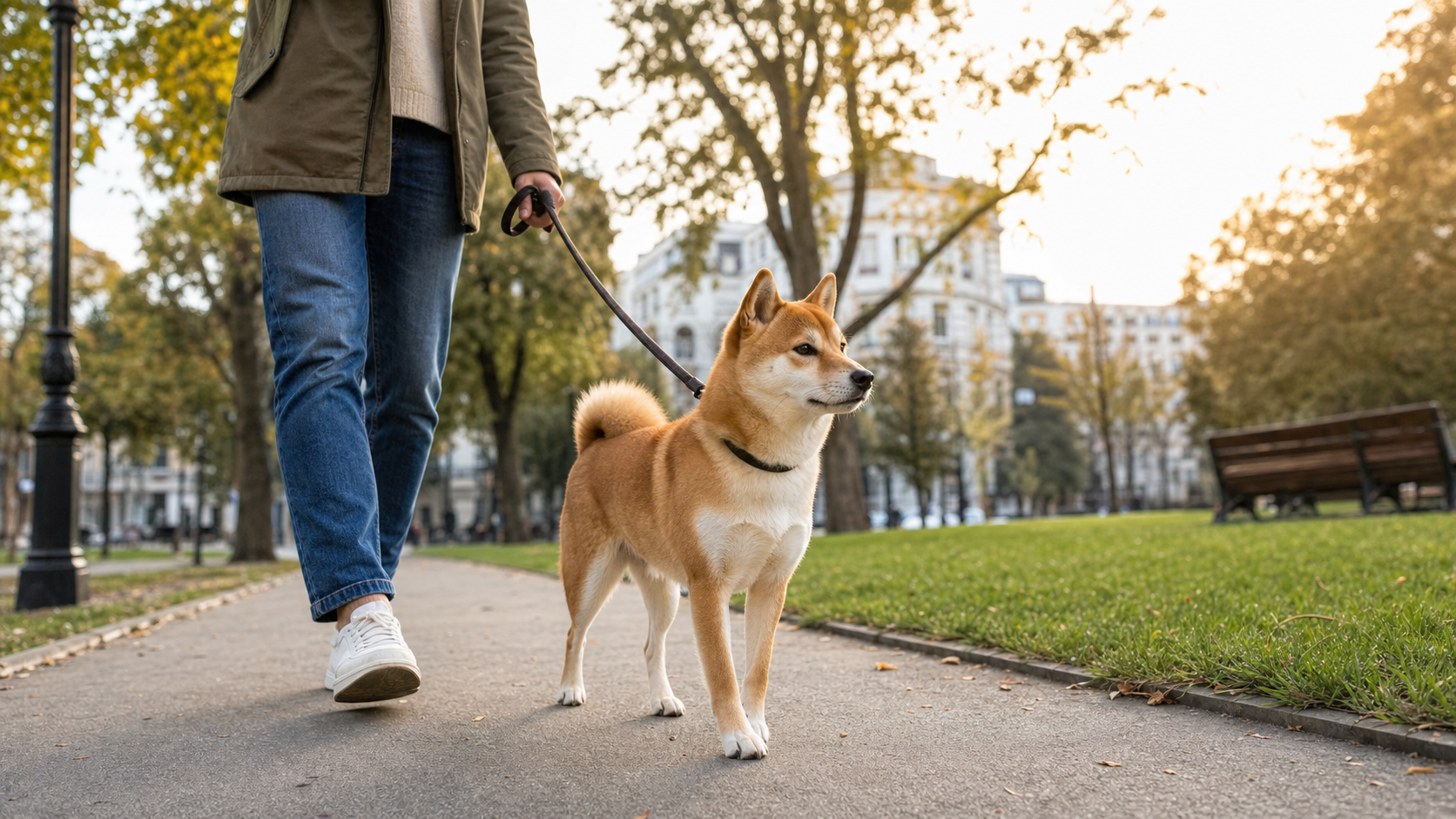 Shiba Inu en promenade quotidienne dans un parc