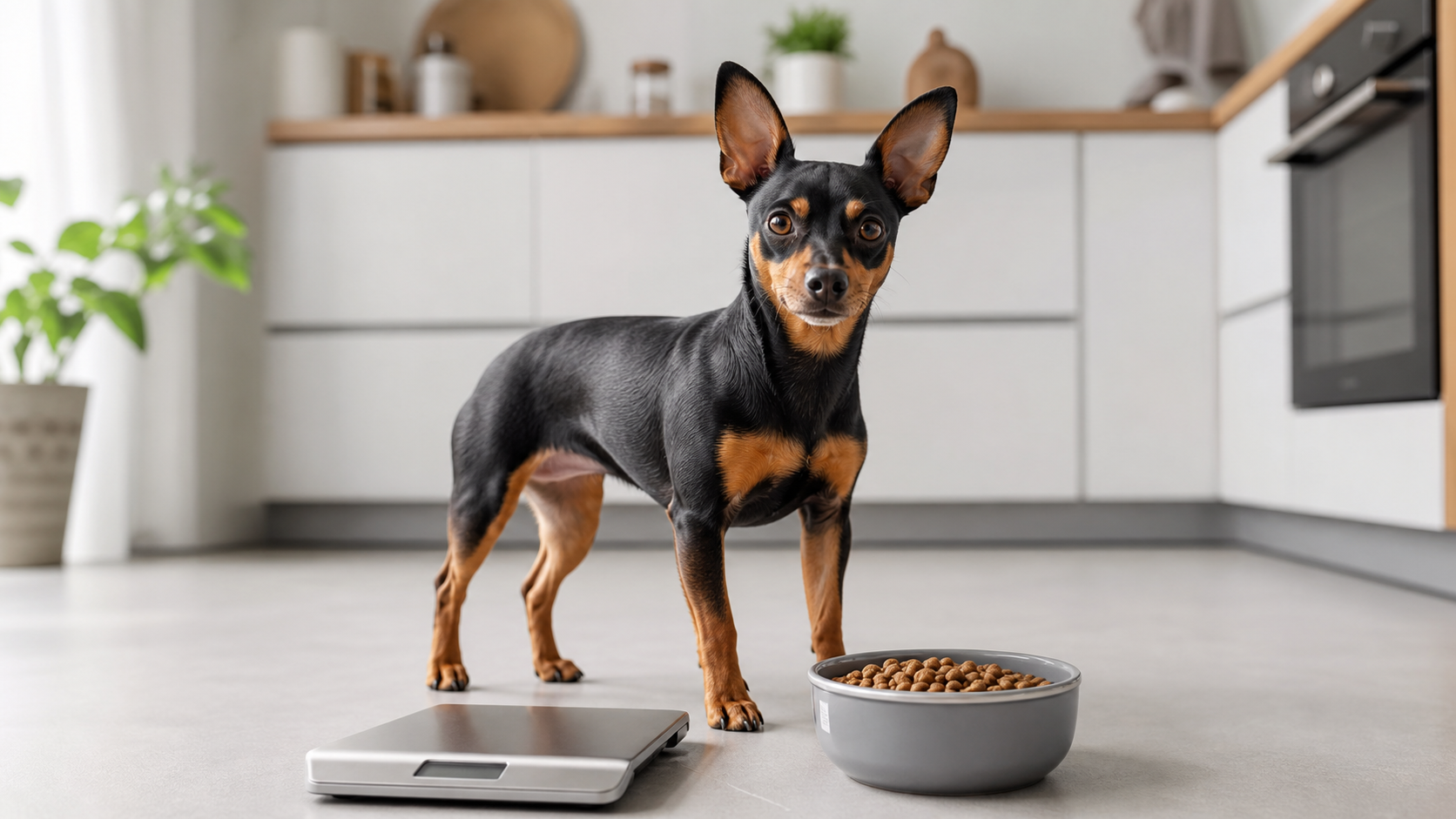 Pinscher miniatura esterilizado junto a un cuenco de pienso medido