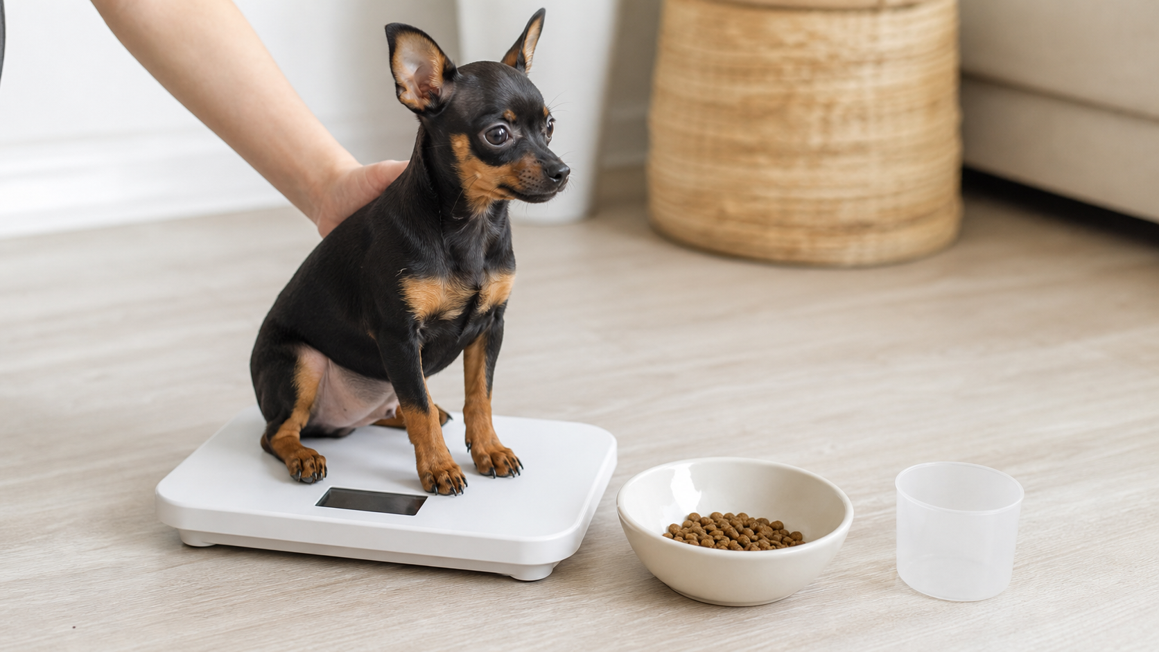 Pinscher miniatura pesado en una báscula doméstica