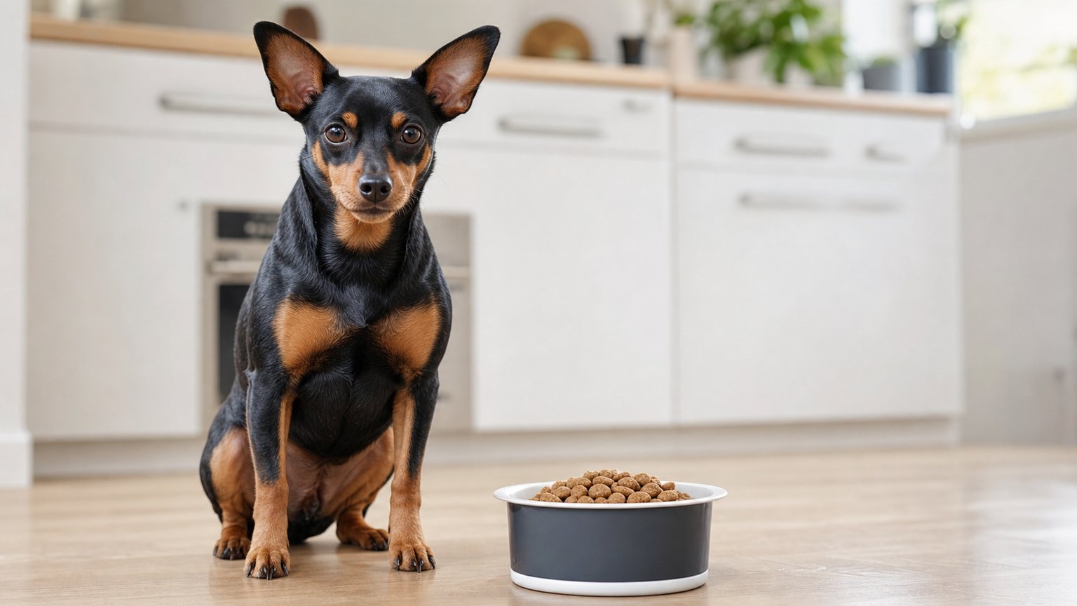 Zwergpinscher neben einer passenden Hundefutter Portion