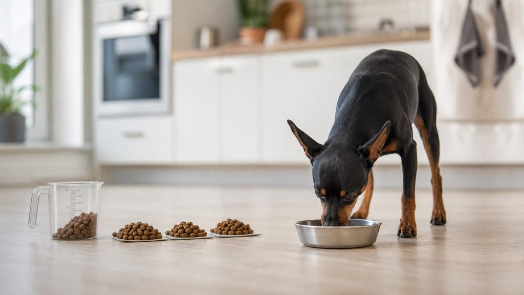 Zwergpinscher frisst aus einem Napf mit abgemessener Portion