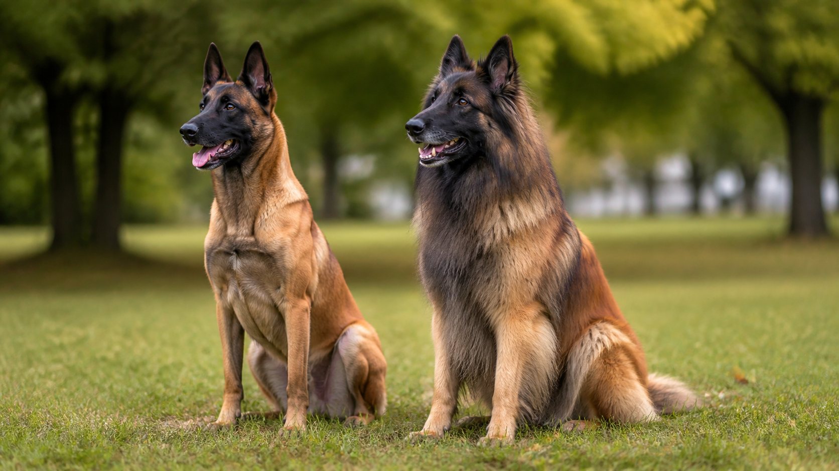 Malinois und Tervueren beim ruhigen Hundetraining im Park