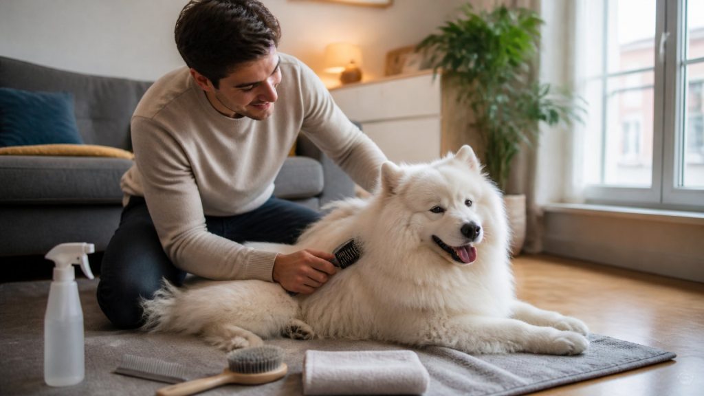 Brossage du pelage blanc d’un Samoyède dans un salon