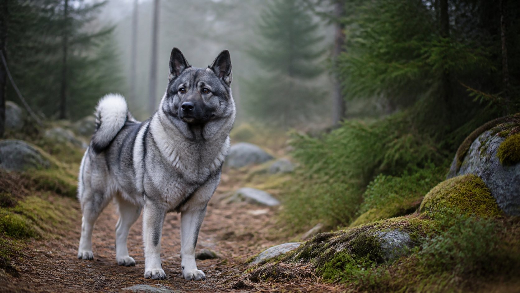Norwegischer Elchhund auf einem Waldweg