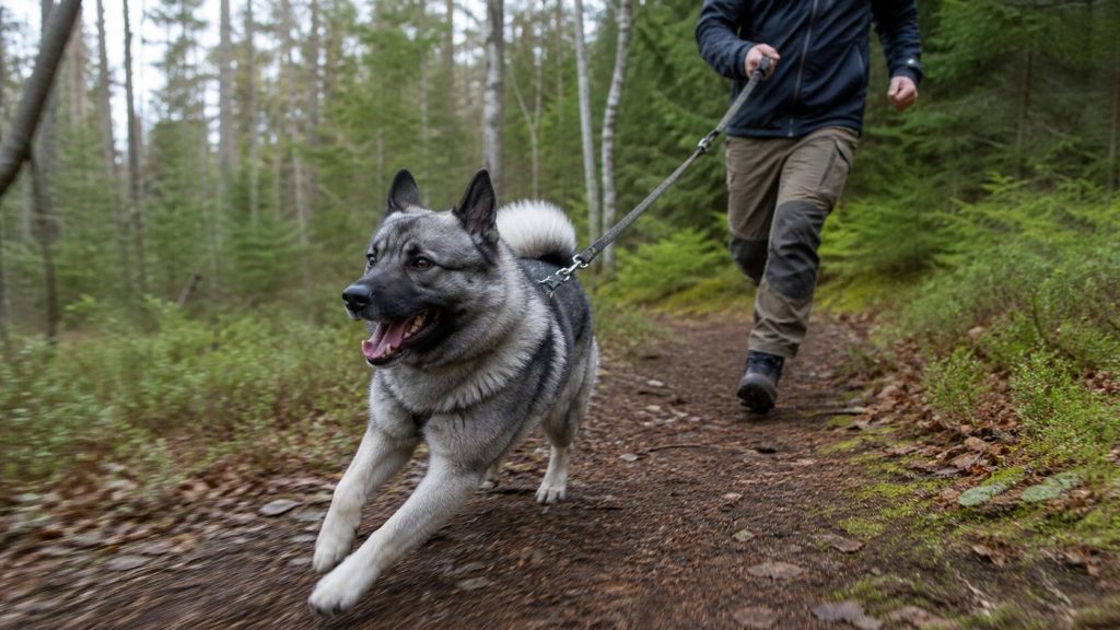 Norwegischer Elchhund beim Spaziergang im Wald