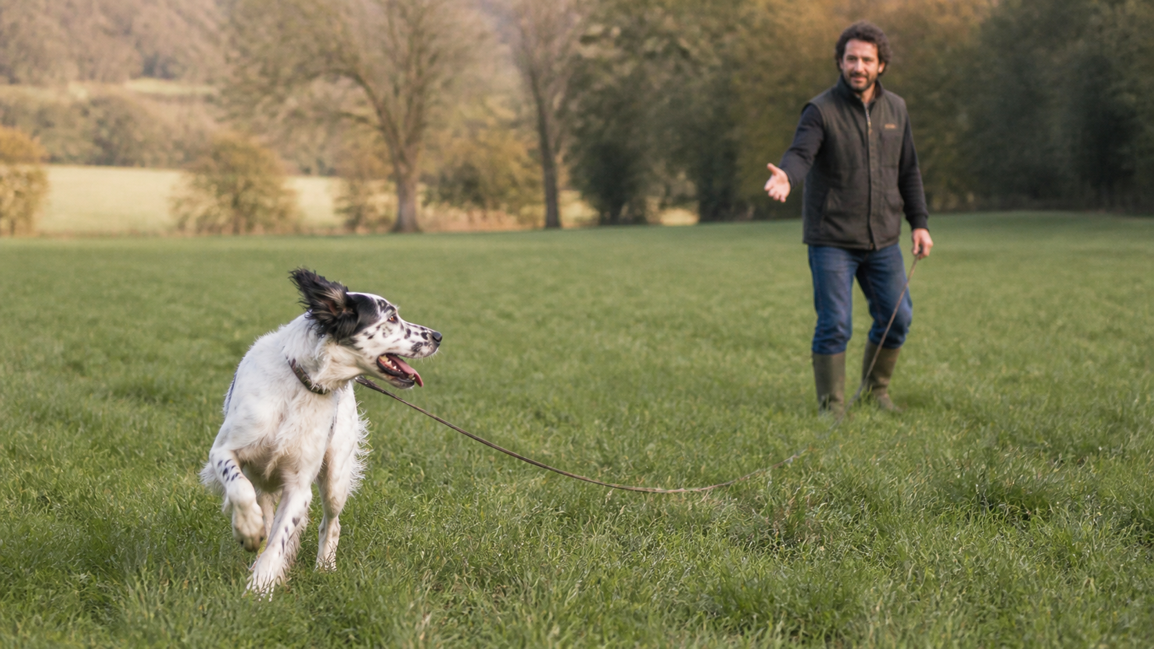 Exercice de rappel avec un chien de chasse en longe