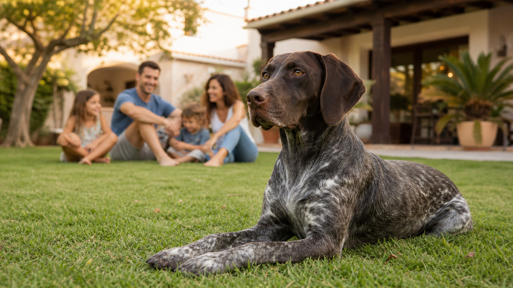 Pointer francés tranquilo en un jardín con una familia al fondo