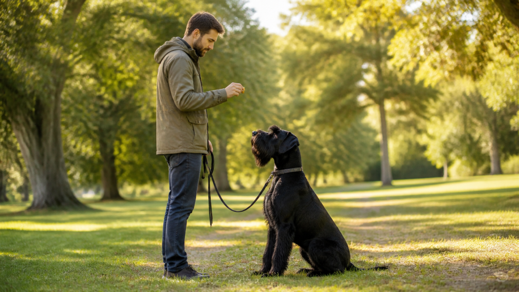 Éducation positive avec un Schnauzer géant en laisse