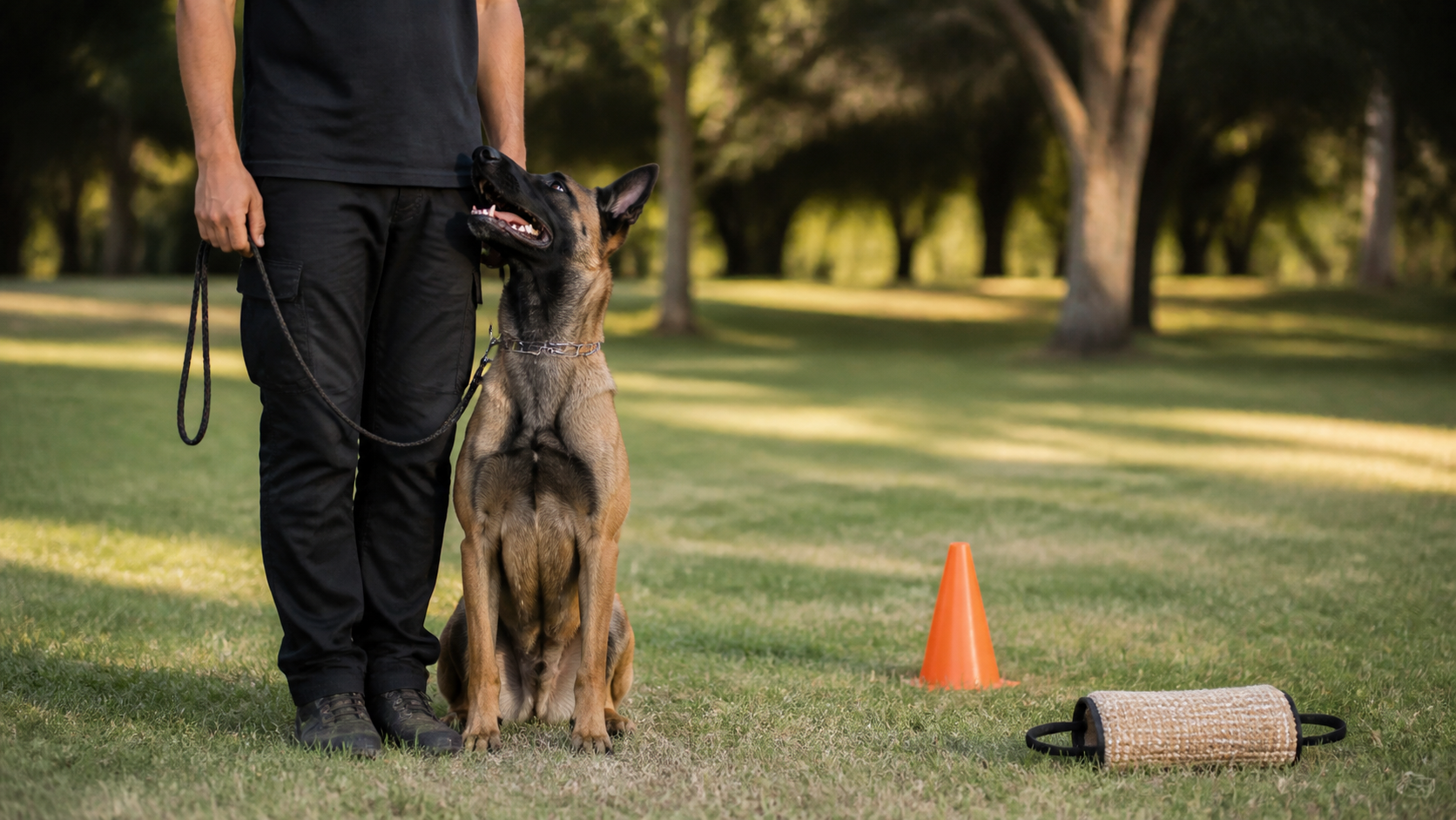 Pastor Belga tipo malinois entrenando obediencia básica con su guía en un parque