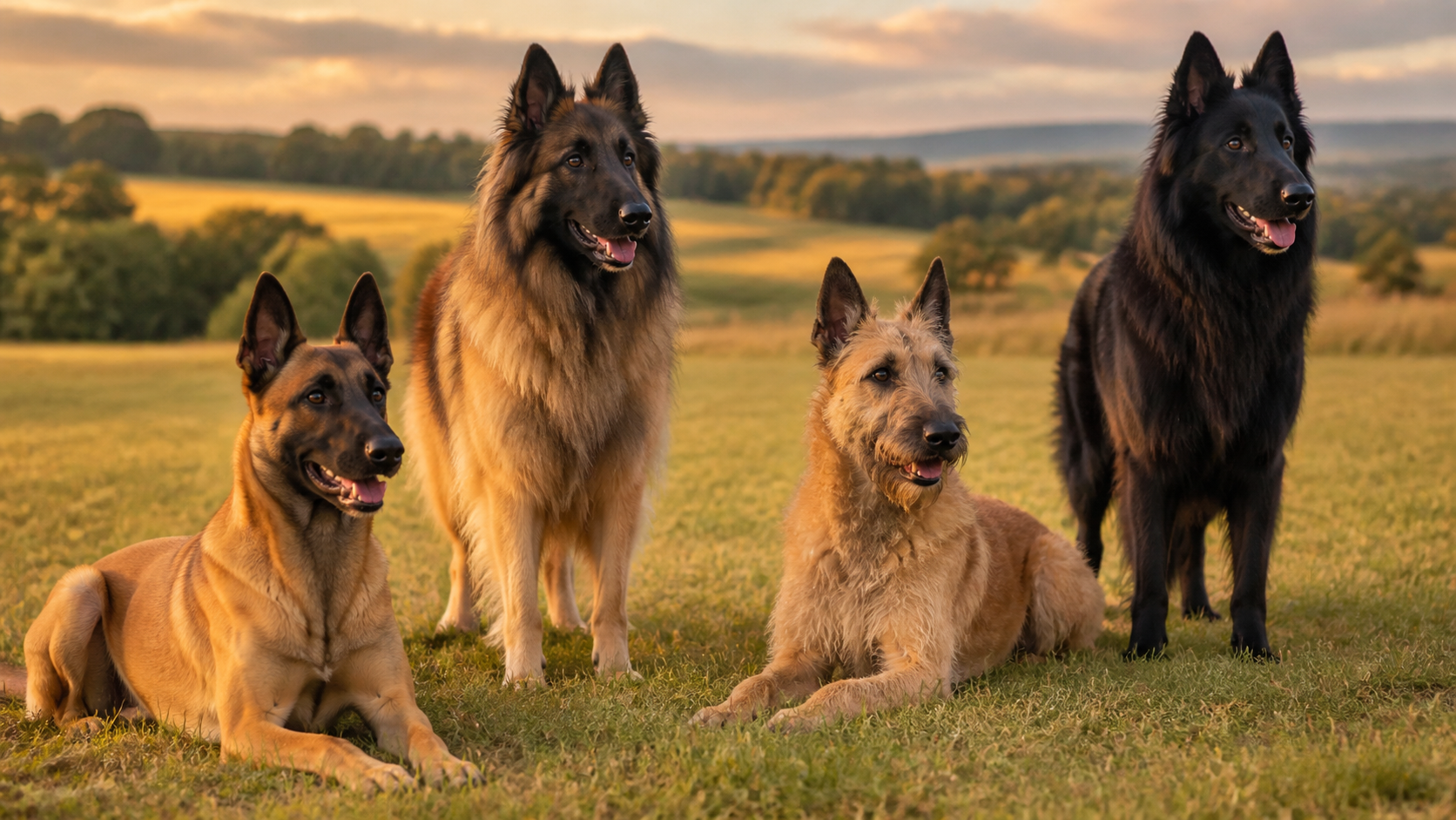 Cuatro perros tipo Pastor Belga que ilustran las variedades malinois tervueren laekenois y groenendael