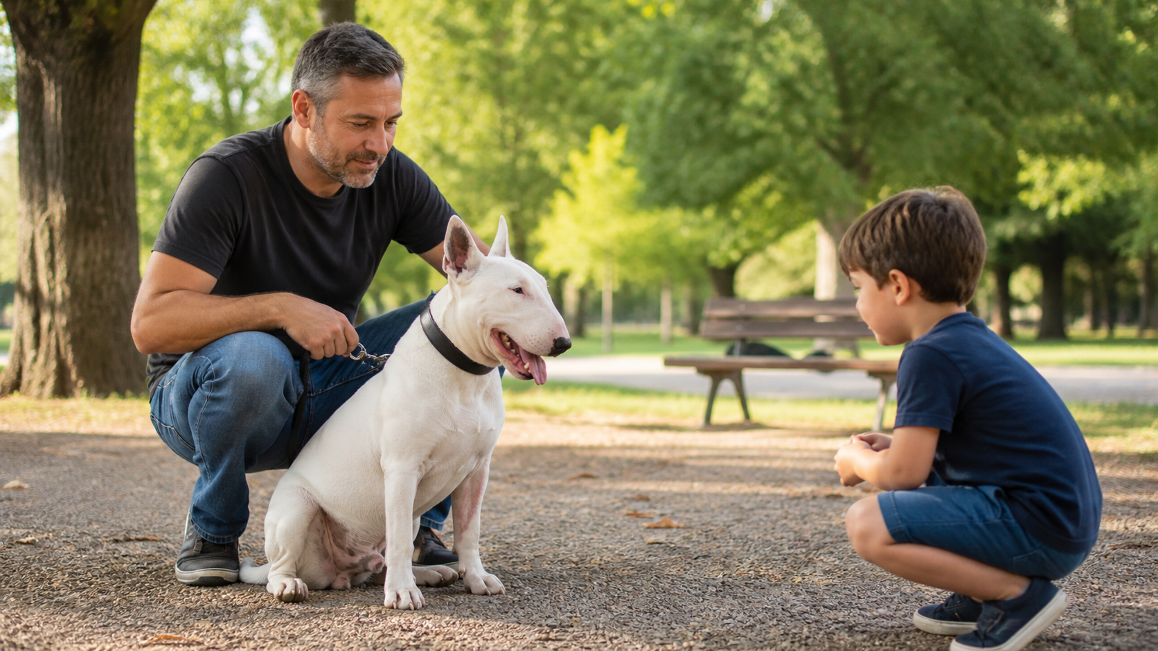 Bull Terrier en laisse supervisé par un adulte près d’un enfant