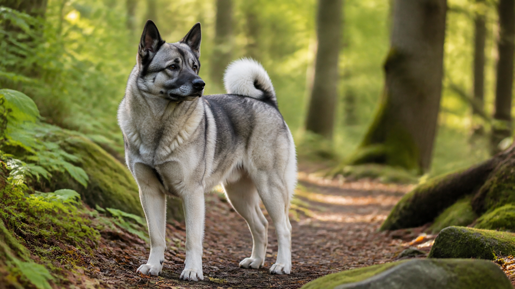 Elkhound noruego adulto en un bosque