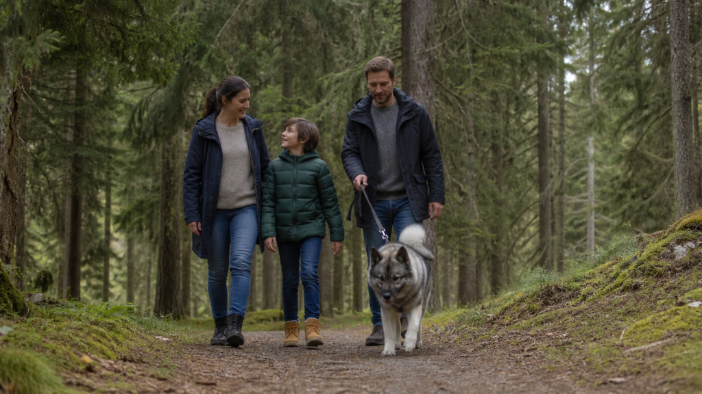Elkhound noruego en caminata familiar