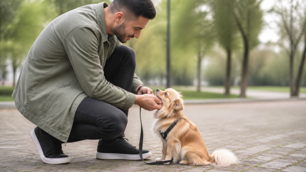 Dueño socializando tranquilamente un Pomerania chihuahua con correa en un parque