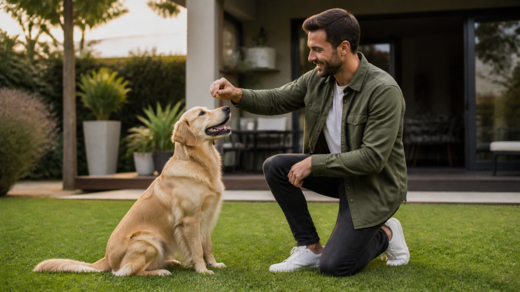 Maître récompensant son chien pendant un exercice d’éducation dans un jardin