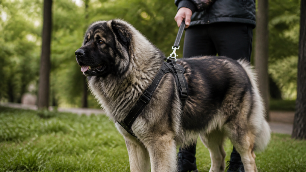 Berger du Caucase équipé pour une promenade contrôlée