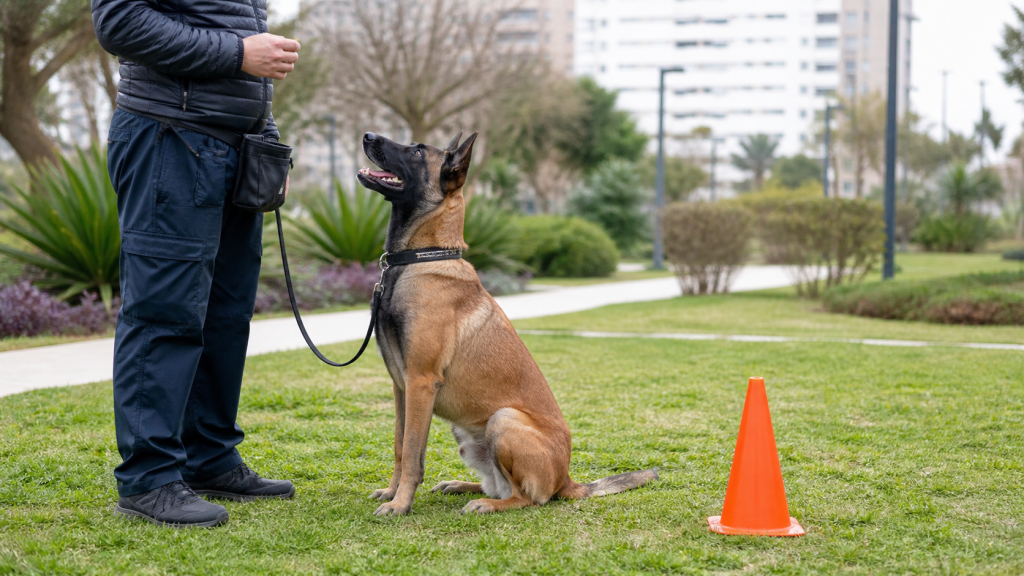 Pastor belga malinois durante una sesión corta de obediencia