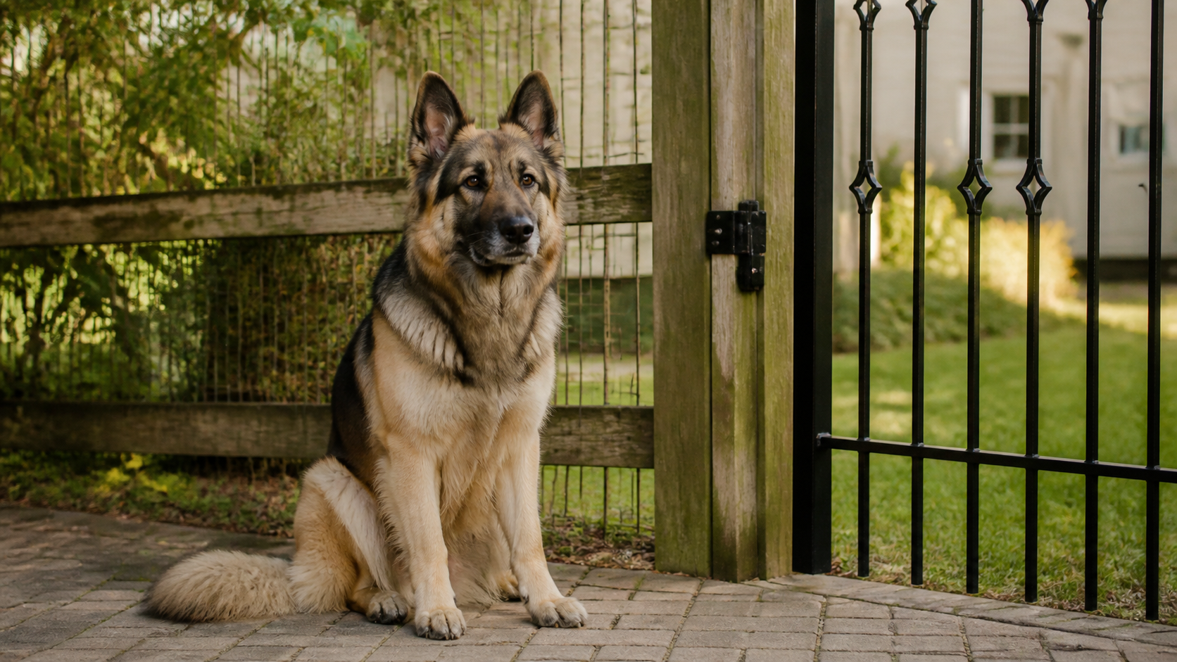 Grand chien Shiloh Shepherd assis près d’un portail de jardin