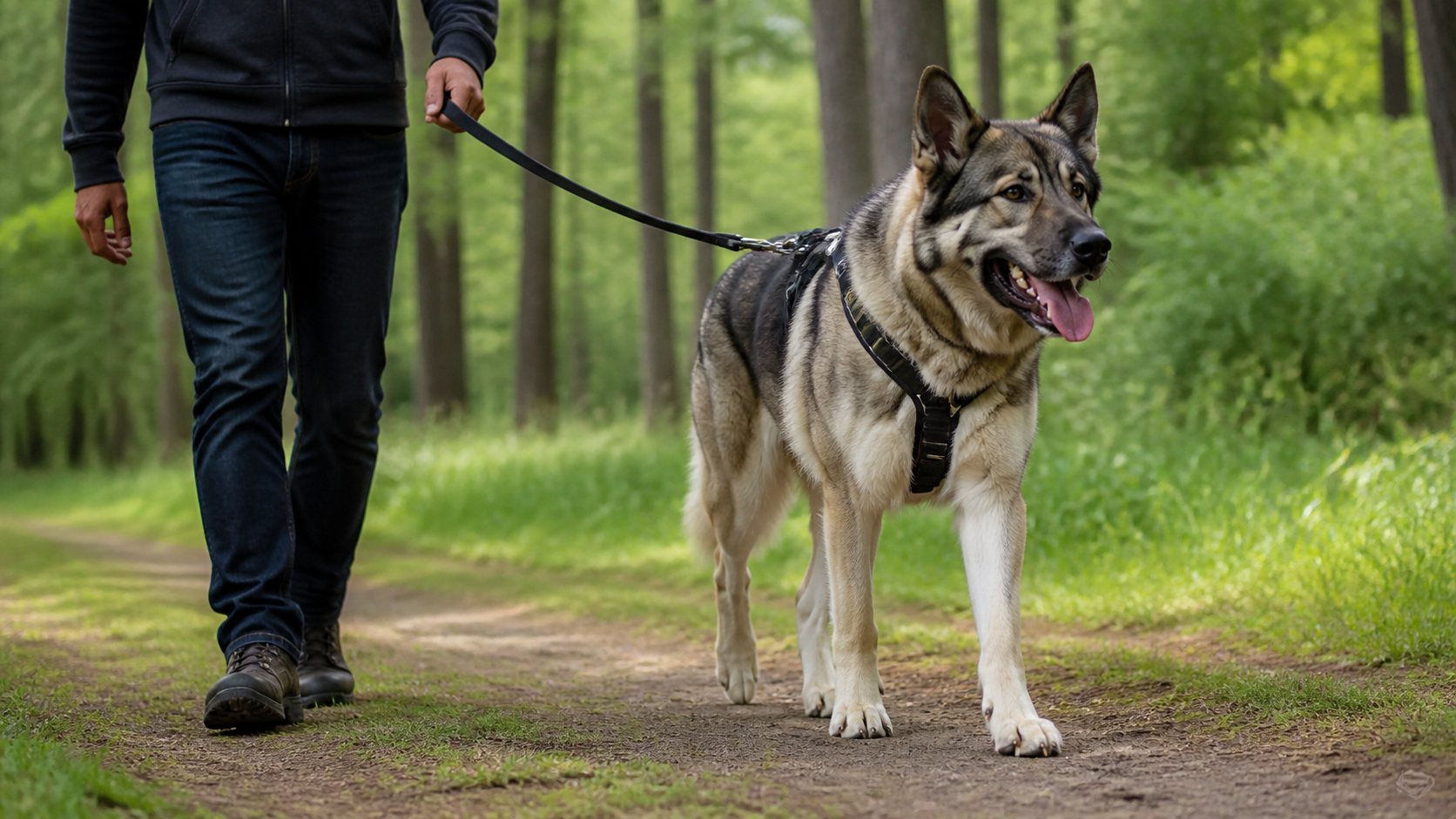 Shiloh Shepherd avec harnais ergonomique en promenade