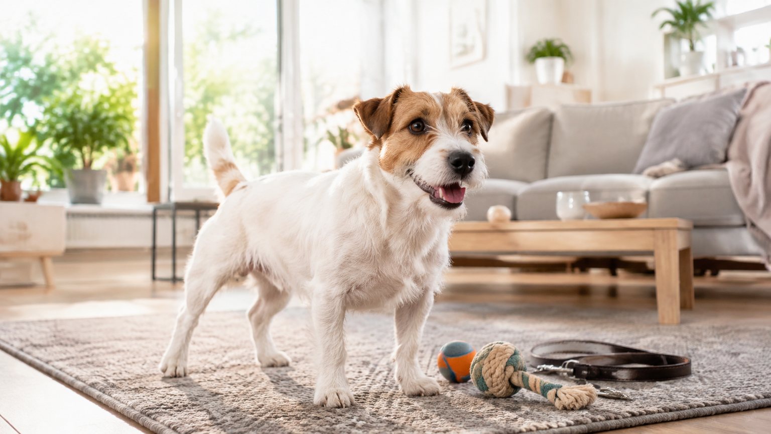 Aufmerksamer Jack Russell Terrier in einem hellen Wohnzimmer