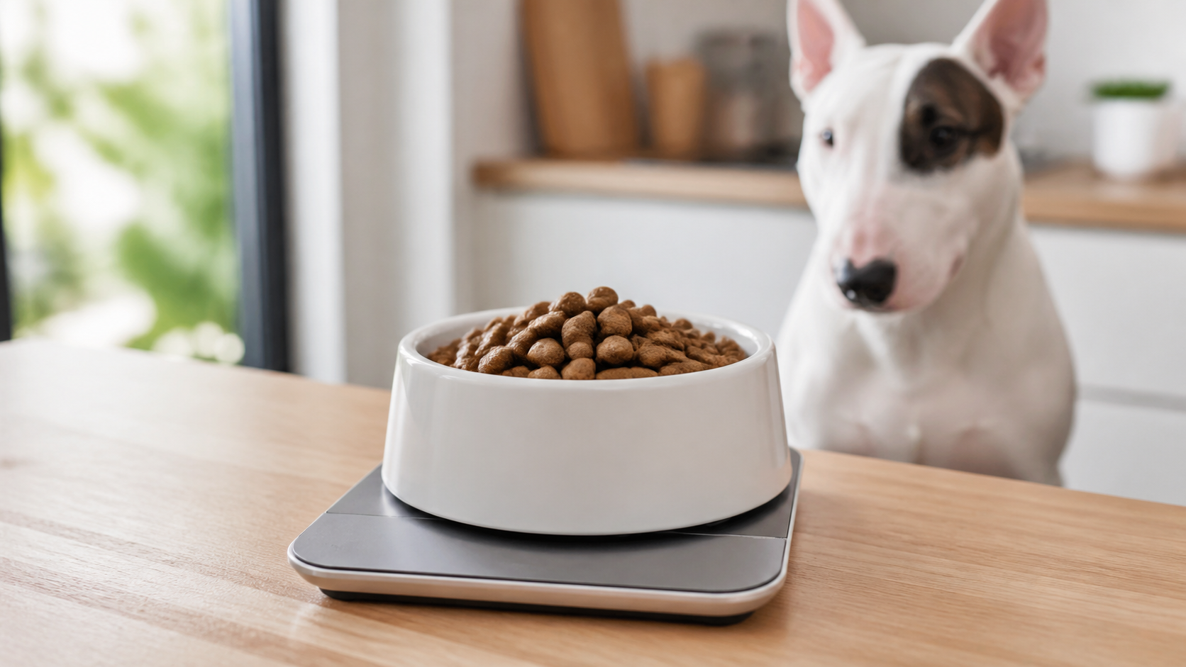 Ration de croquettes pour Bull Terrier sur une balance