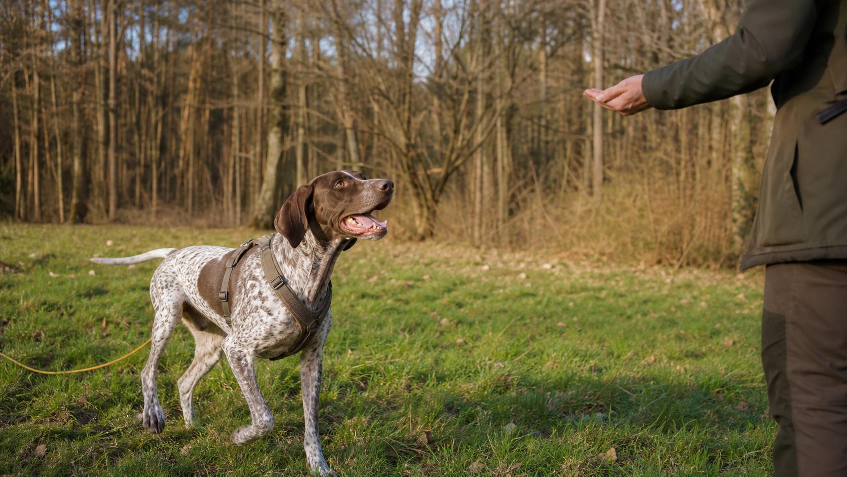 Pointer mit Geschirr und Schleppleine beim Rückruftraining