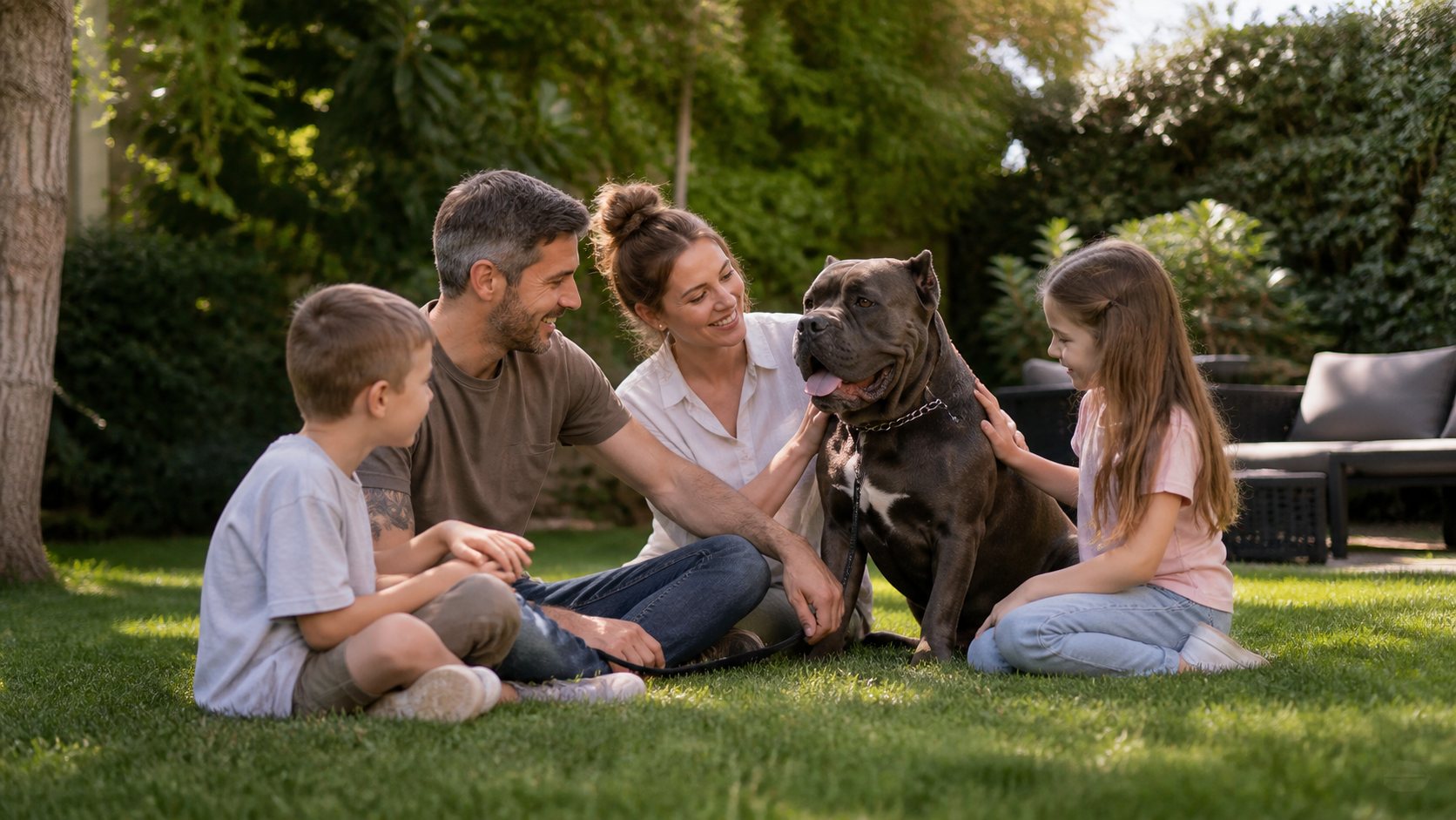Cane Corso tranquilo con una familia en un jardín