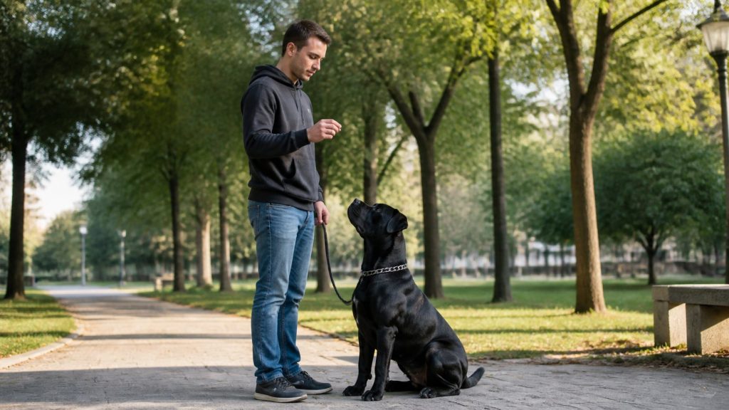 Cane Corso atento durante una sesión de educación positiva