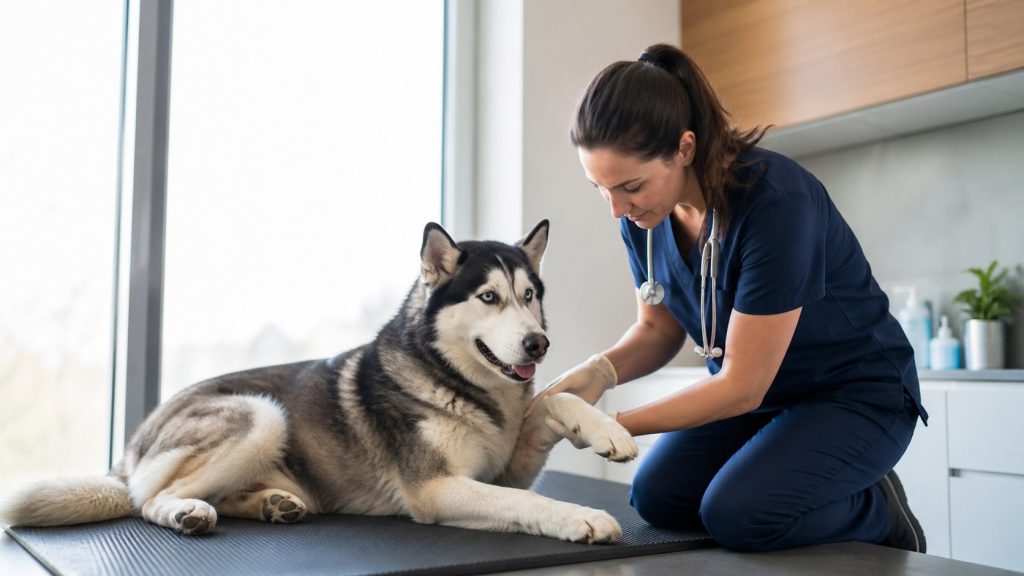 Vétérinaire examinant calmement un Husky Sibérien