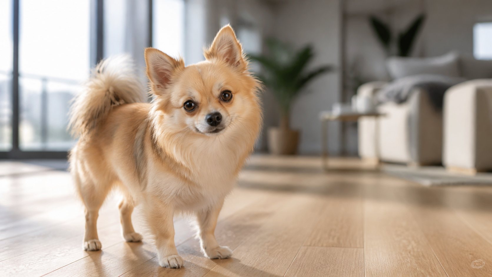 Perro pequeño tipo spitz enano chihuahua en un salón luminoso