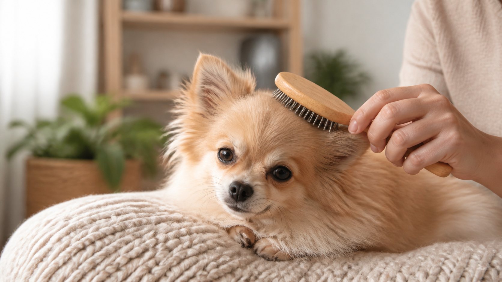 Cepillado suave de un perro pequeño tipo spitz enano chihuahua