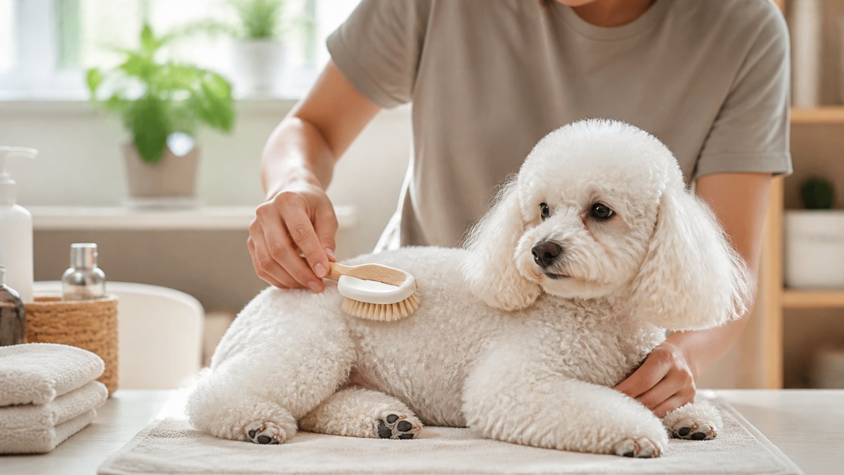 Toilettage délicat d’un caniche toy blanc à domicile